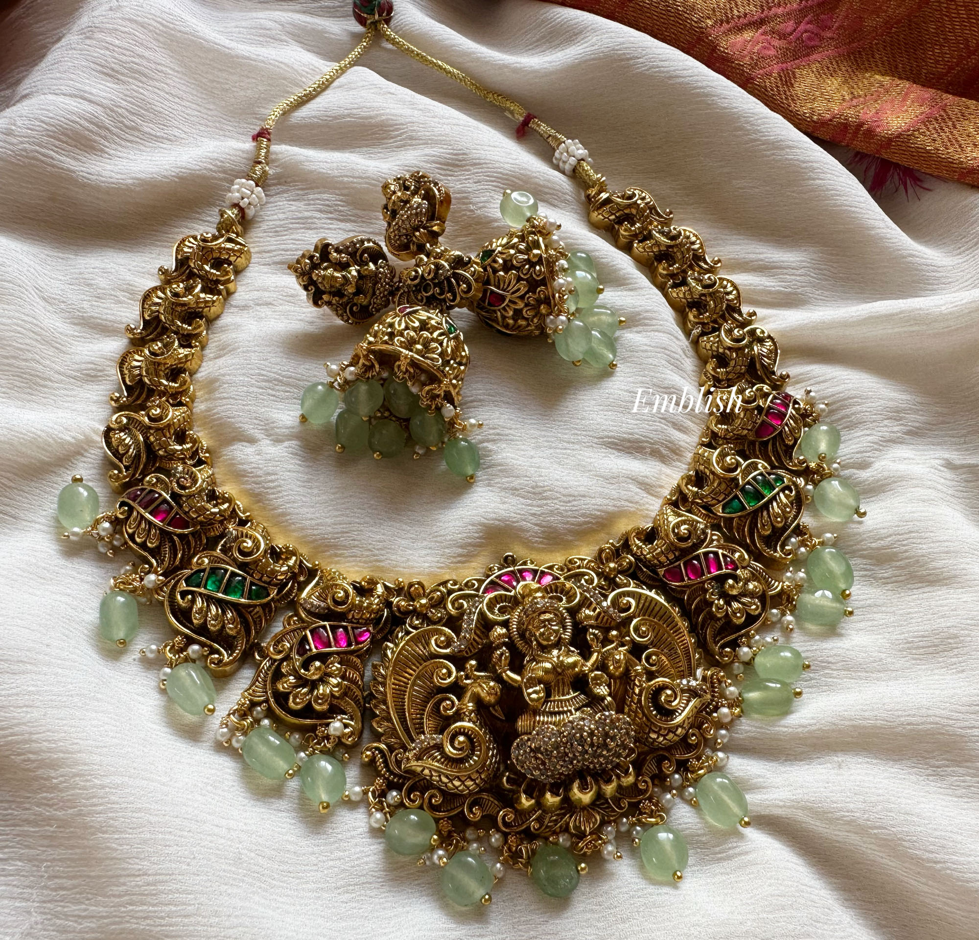 Kundan Jadau Lakshmi with 3d Double Peacock Short Neckpiece - Pastel Beads
